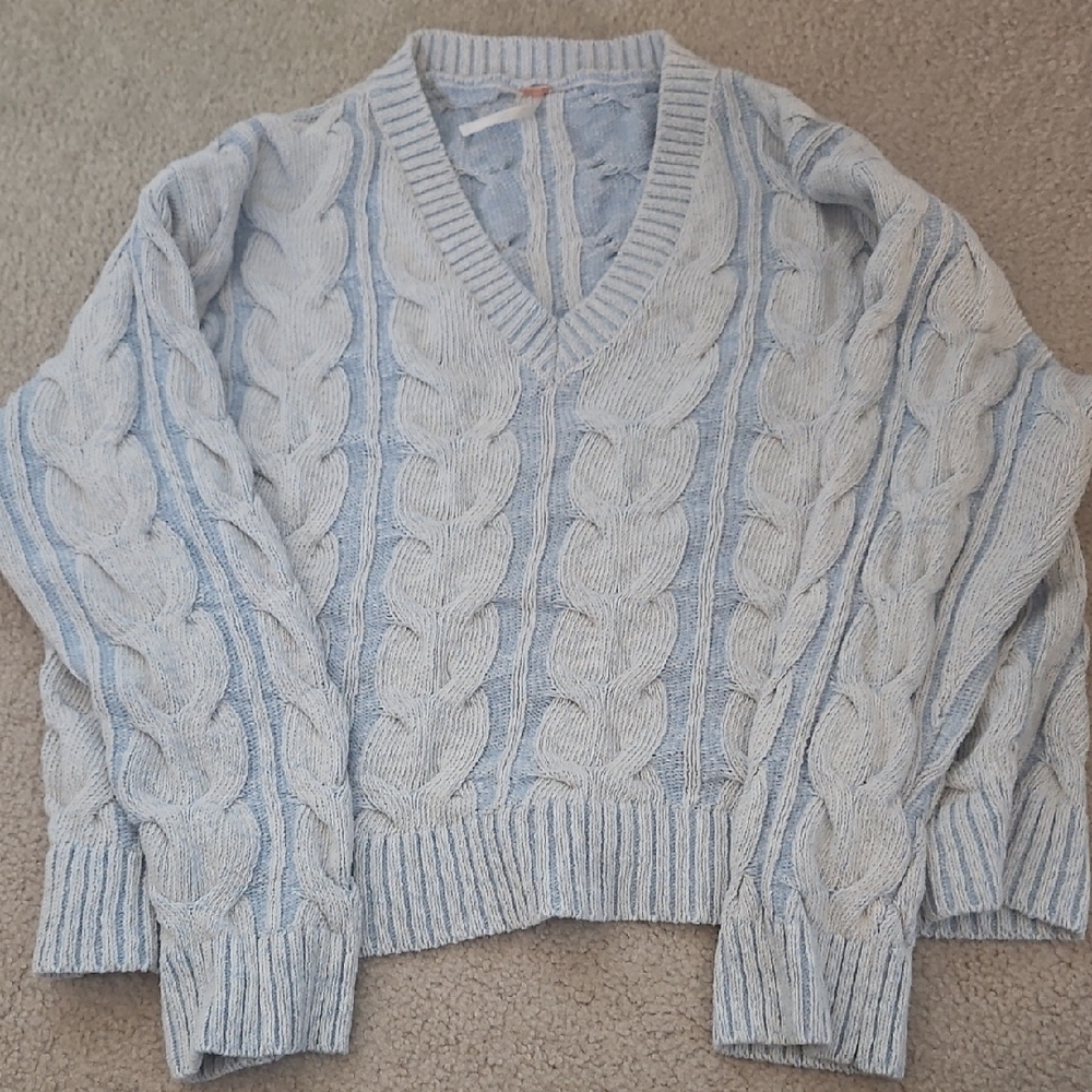 Free People Light Blue Cable Knit V-Neck Sweater - Picture 2 of 3